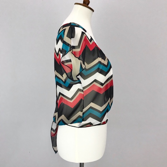 A'gaci Teal Zig Zag Chevron Chiffon Tie Back Top - Picture 6 of 14